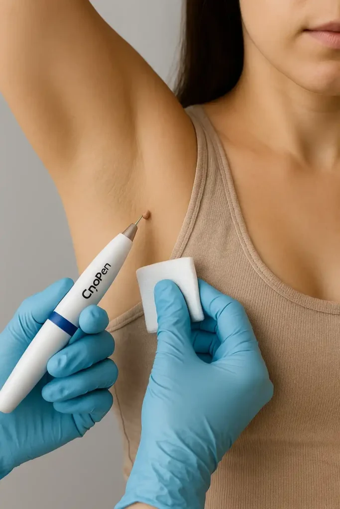woman having cryopen to remove underarm skin tags Buxton