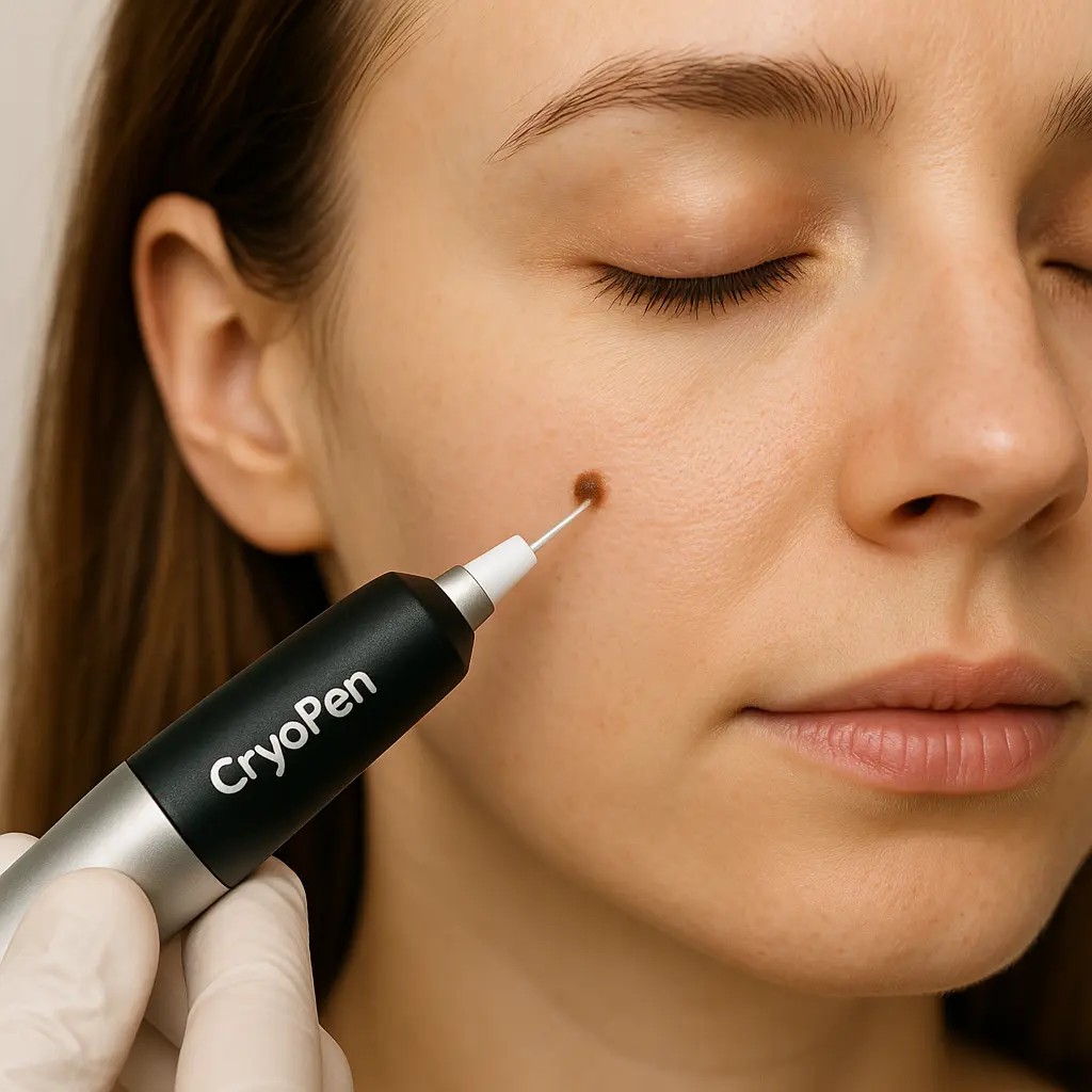 woman receiving facial mole removal Buxton using cryopen 
